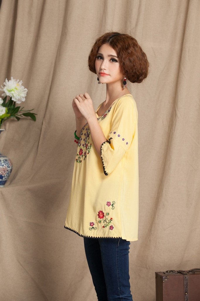 Ashir Aley Girls Embroidered Peasant Tops Mexican Bohemian Blouses , Medium, Yellow - Image 3